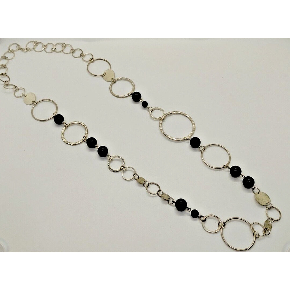 Silver Tone - Black Beaded Long Necklace